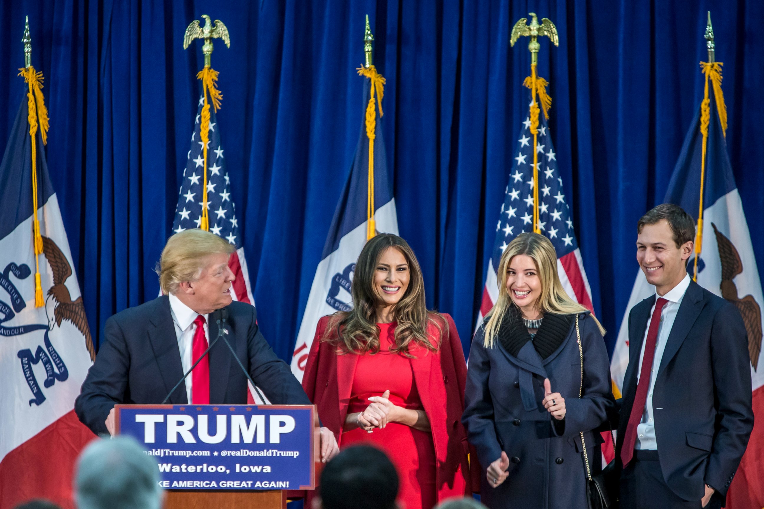 PHOTO: Republican presidential candidate Donald Trump is joined on stage by his wife Melania Trump, daughter Ivanka Trump, and son-in-law Jared Kushner at a campaign rally at the Ramada Waterloo Hotel and Convention Center, Feb. 1, 2016, in Iowa.