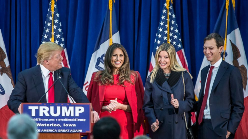 PHOTO: Republican presidential candidate Donald Trump is joined on stage by his wife Melania Trump, daughter Ivanka Trump, and son-in-law Jared Kushner at a campaign rally at the Ramada Waterloo Hotel and Convention Center, Feb. 1, 2016, in Iowa.