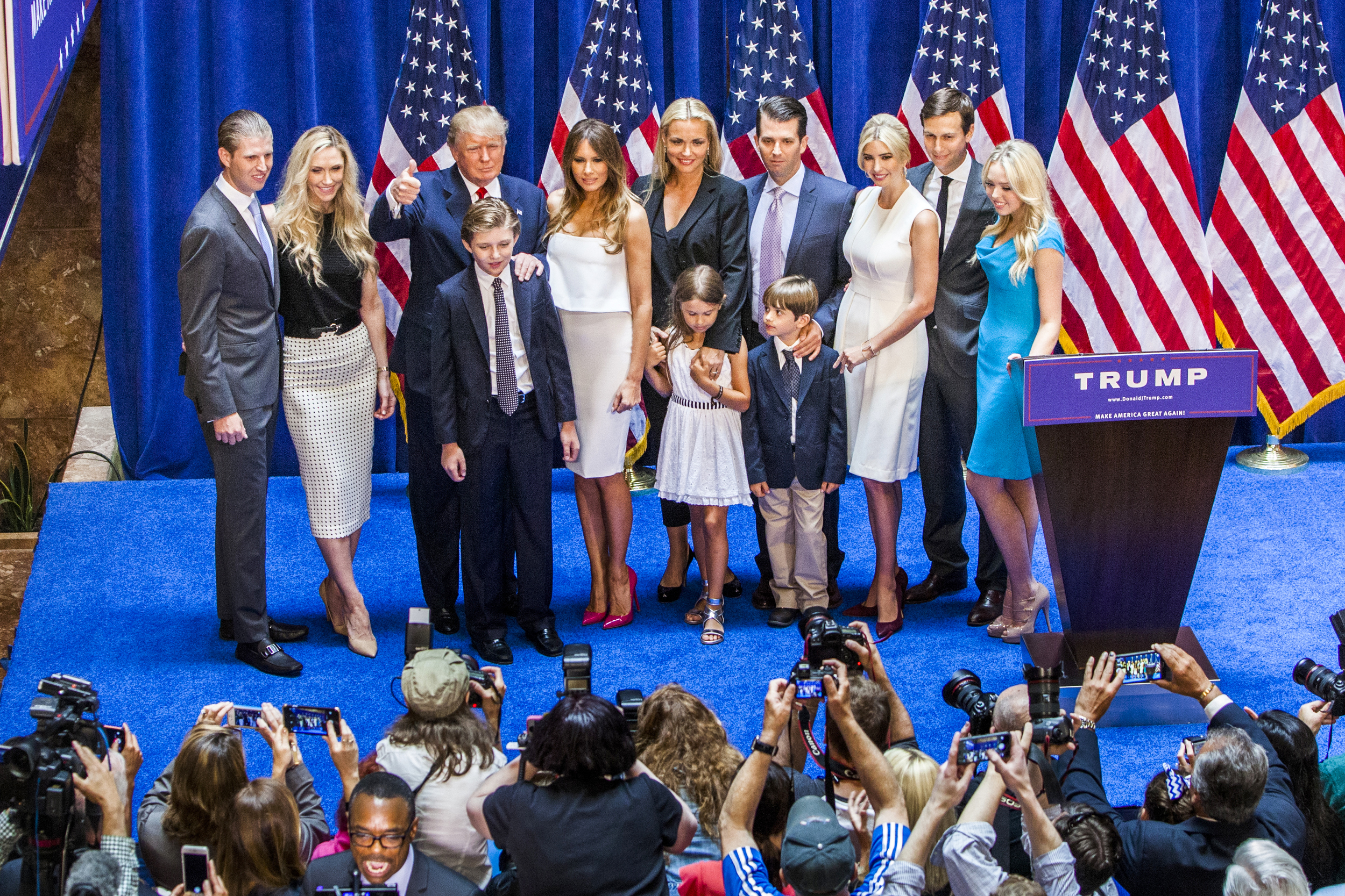 PHOTO: Trump and family on stage a campaign rally in New York City, June 16, 2015.