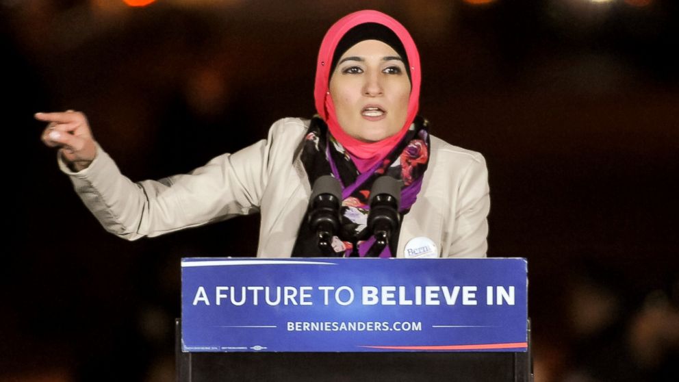 PHOTO: Arab American Association of New York executive director Linda Sarsour speaks onstage at a campaign event for Senator Bernie Sanders at Washington Square Park, April 13, 2016, in New York City.