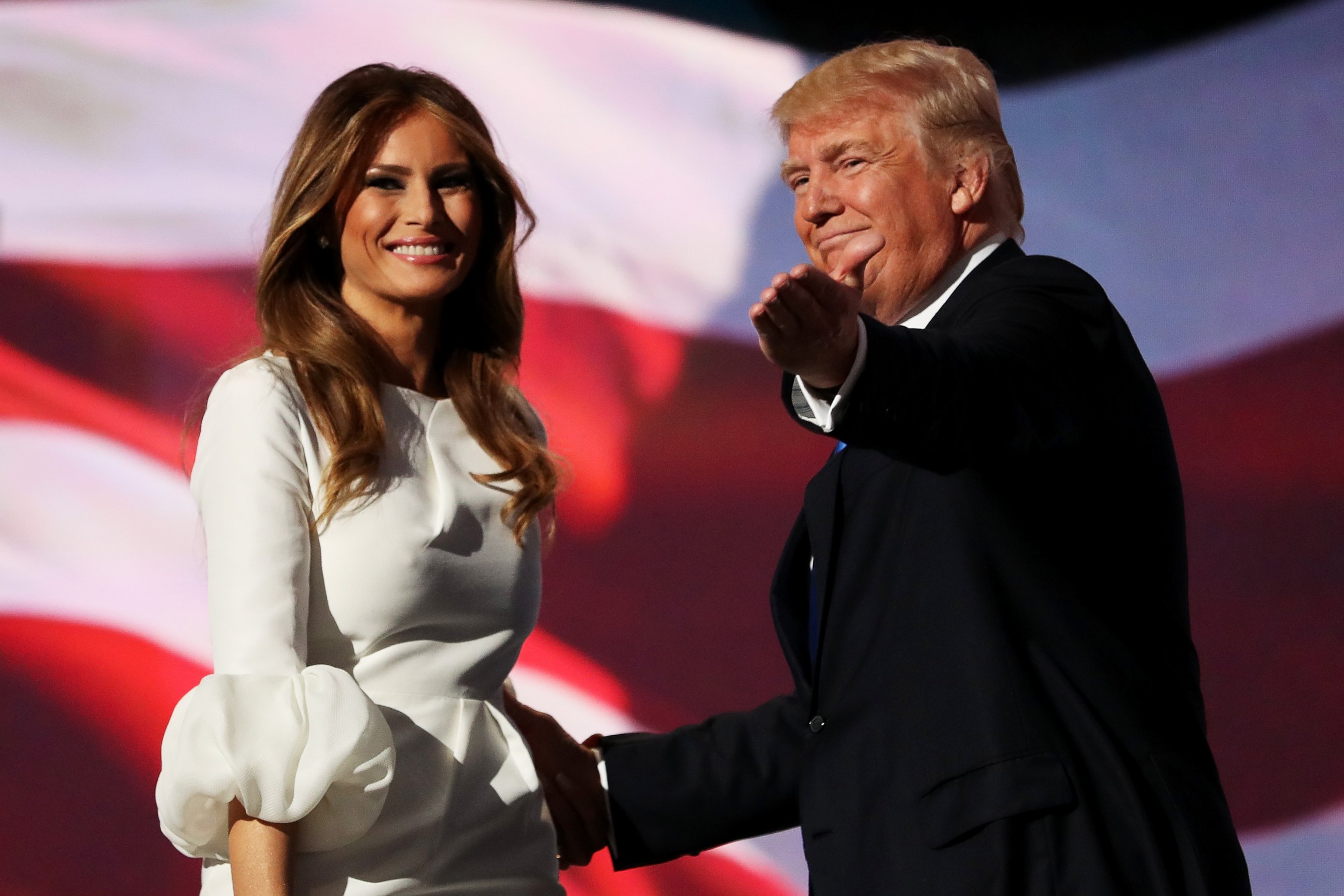 PHOTO: Presumptive Republican presidential nominee Donald Trump introduces his wife Melania on the first day of the Republican National Convention on July 18, 2016, at the Quicken Loans Arena in Cleveland, Ohio.