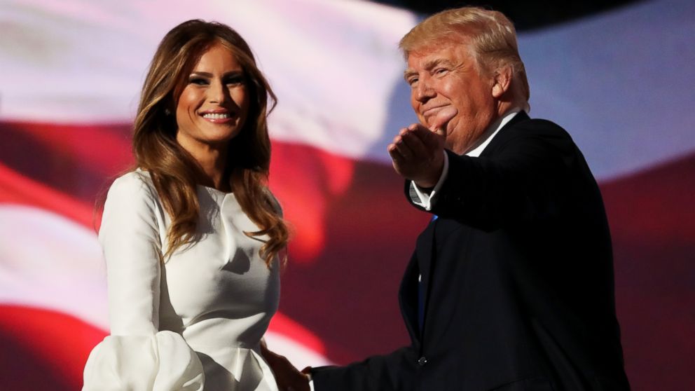 PHOTO: Presumptive Republican presidential nominee Donald Trump introduces his wife Melania on the first day of the Republican National Convention on July 18, 2016, at the Quicken Loans Arena in Cleveland, Ohio.