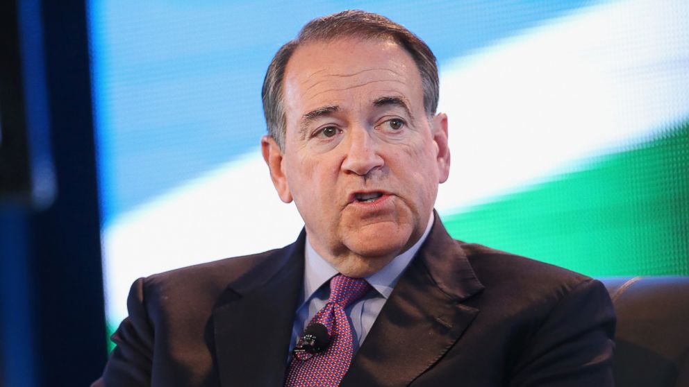 Former Governor Mike Huckabee of Arkansas fields questions from Bruce Rastetter at the Iowa Ag Summit on March 7, 2015 in Des Moines, Iowa. 