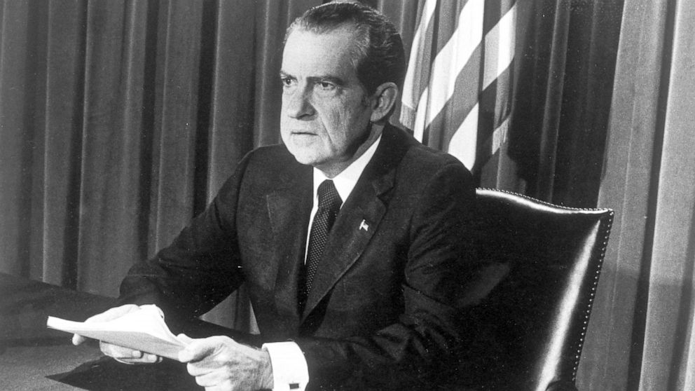 President Richard Nixon announces his resignation on television in Washington in this Aug 8, 1974, file photo.