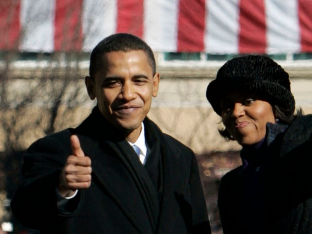 PHOTO: President Barack Obama gives a thumbs up to the crowd with his wife Michelle after announcing his candidacy for the 2008 Presidential nomination at the Old State Capitol in Springfield, Illinois, Feb. 10, 2007.