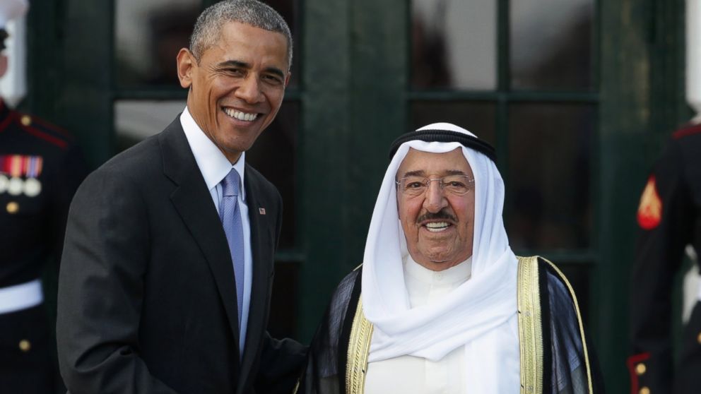 Barack Obama, left, welcomes Sheikh Sabah Al-Ahmad Al-Jaber Al-Sabah, Amir of the State of Kuwait, right, to the White House on May 13, 2015 in Washington, D.C.