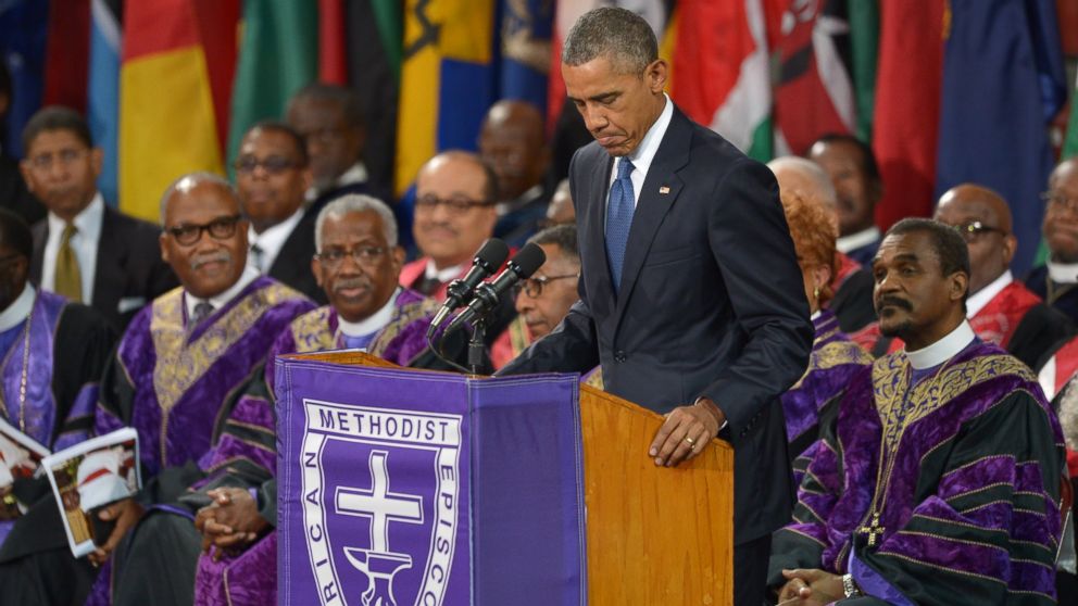 President Barack Obama delivers the eulogy during the funeral of Rev. Clementa Pinckney at the College of Charleston TD Arena, in Charleston, S.C., June 26, 2015.