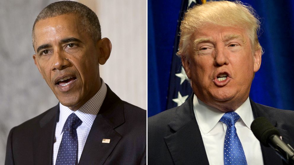 President Barack Obama, left, speaks following a National Security Council meeting on the Islamic State at the Department of Treasury in Washington, June 14, 2016. Donald Trump addresses supporters, June 13, 2016.