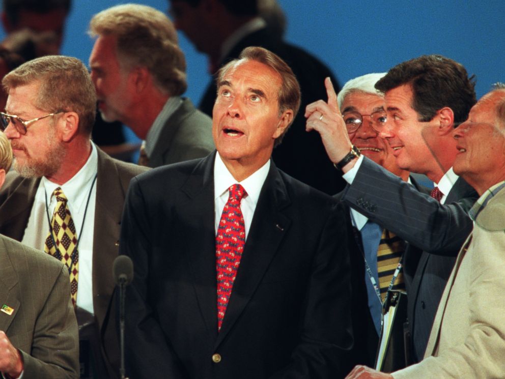 PHOTO: Republican presidential candidate Bob Dole looks up from the podium as convention center manager Paul Manafort, at right, points out preparations for Doles acceptance speech in San Diego, Aug. 15, 1996.