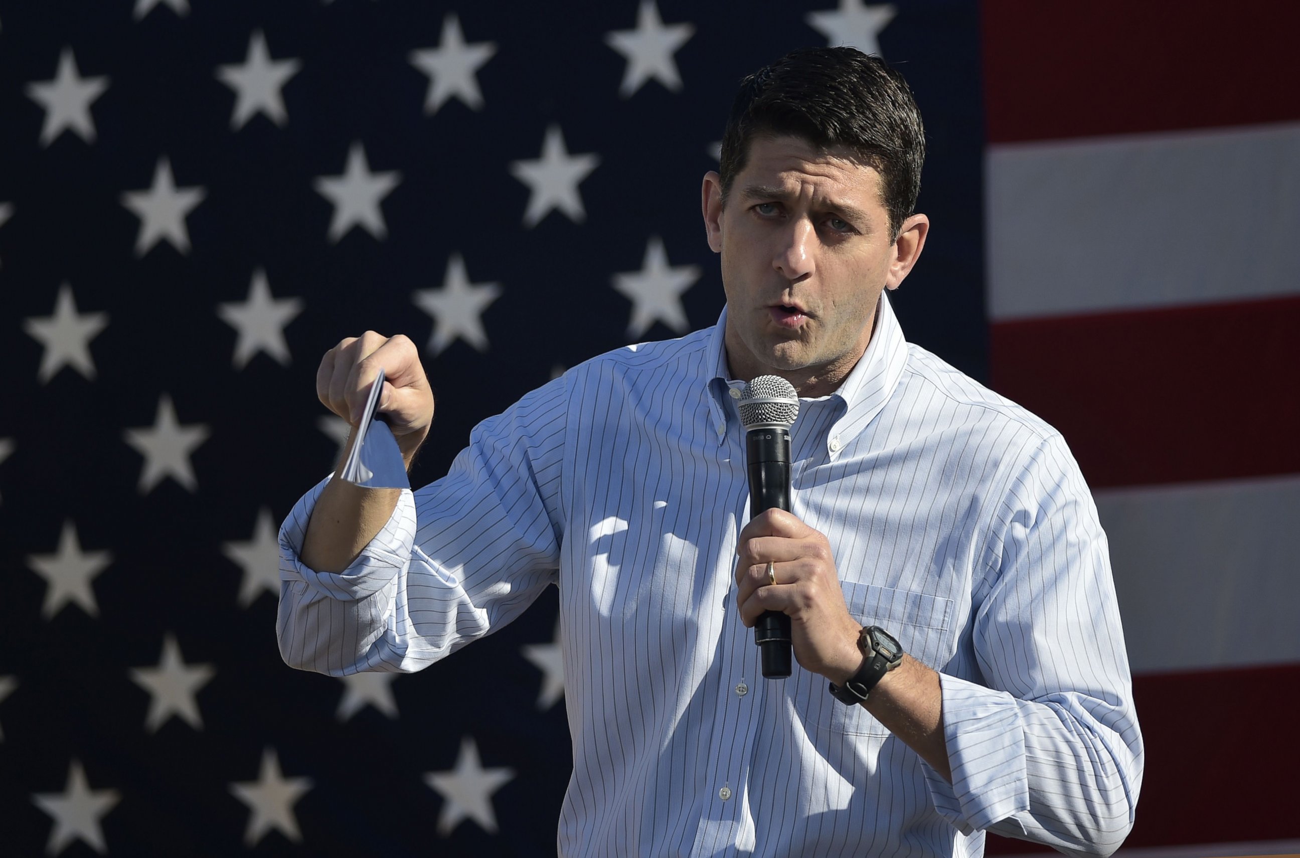PHOTO: House Speaker Paul Ryan speaks during the 1st Congressional District Republican Party of Wisconsin Fall Fest, Oct. 8, 2016 at the Walworth County Fairgrounds in Elkhorn, Wisconsin.