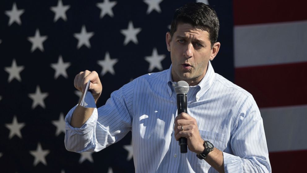 House Speaker Paul Ryan speaks during the 1st Congressional District Republican Party of Wisconsin Fall Fest, Oct. 8, 2016 at the Walworth County Fairgrounds in Elkhorn, Wisconsin.
US Republican presidential candidate Trump was scheduled to attend the Fall Fest with Ryan, who said he was "sickened" by lewd and misogynistic comments Trump made as he described groping women in a 2005 video released on October 7, disinviting him from the political event in Wisconsin. / AFP PHOTO / MANDEL NGANMANDEL NGAN/AFP/Getty Images