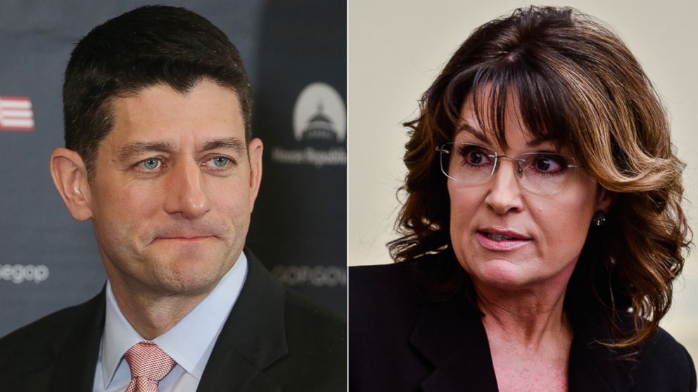 Pictured (L-R) in Washington are are House Speaker Paul Ryan on March 22, 2016 and Former Governor Sarah Palin on April 14, 2016.