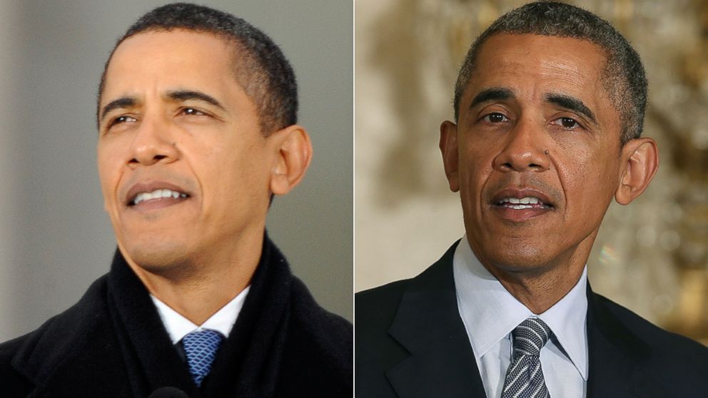 PHOTO: President Barack Obama is seen at the start of his presidency, left, and currently, right.