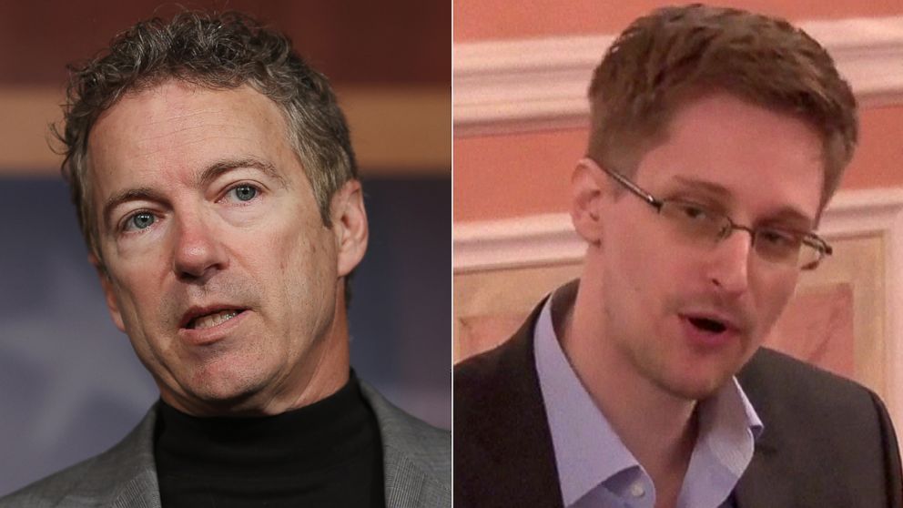 (L-R) Sen. Rand Paul, R-KY, in Washington, March 13, 2013. | Edward Snowden in a frame grab from AFPTV at an unidentified location, Oct. 9, 2013.