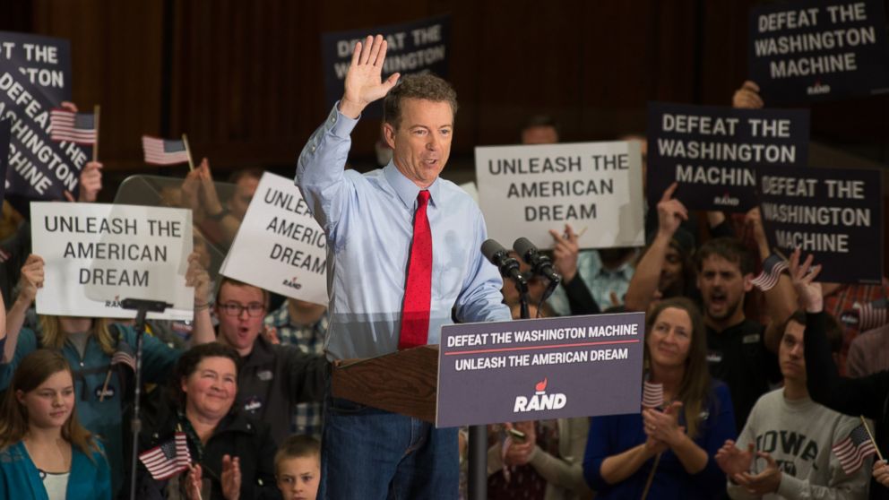 Sen. Rand Paul, R-KY, and GOP presidential hopeful continues his 'Stand by Rand' tour at the University of Iowa campus, April 10, 2015 in Iowa City. 