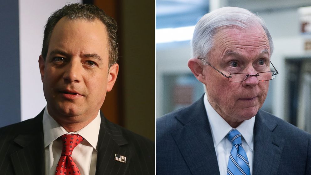 Pictured (L-R) are DNC Chairman Reince Priebus in Washington, May 6, 2016 and Sen. Jeff Sessions in Washington, Jan. 27, 2016.  
