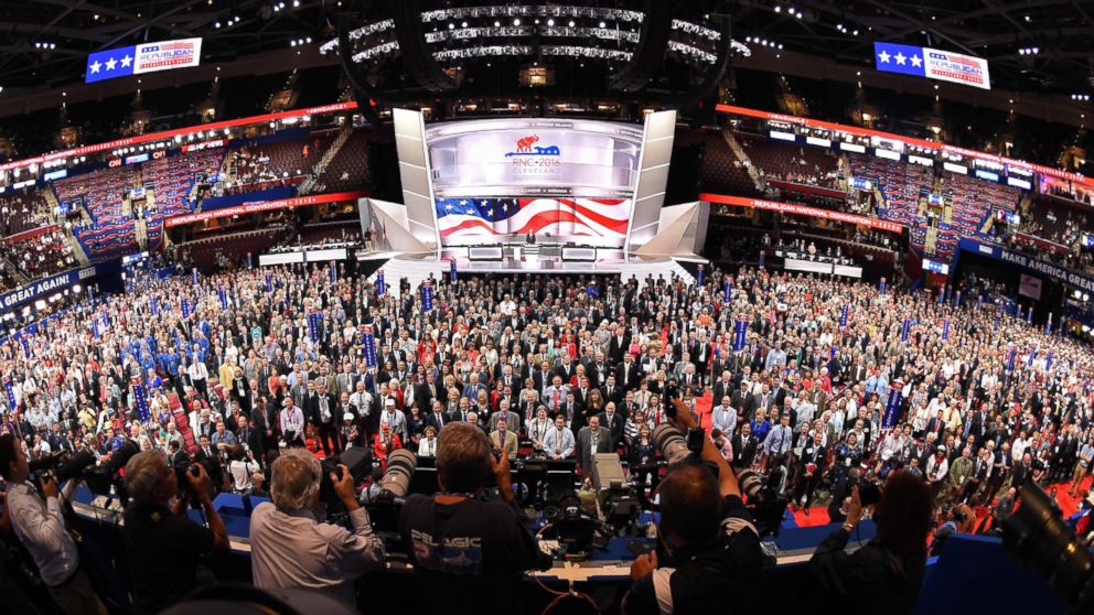 Delegates pose for an official convention photograph on the opening day of the Republican National Convention at the Quicken Loans arena in Cleveland, Ohio, July 18, 2016. 