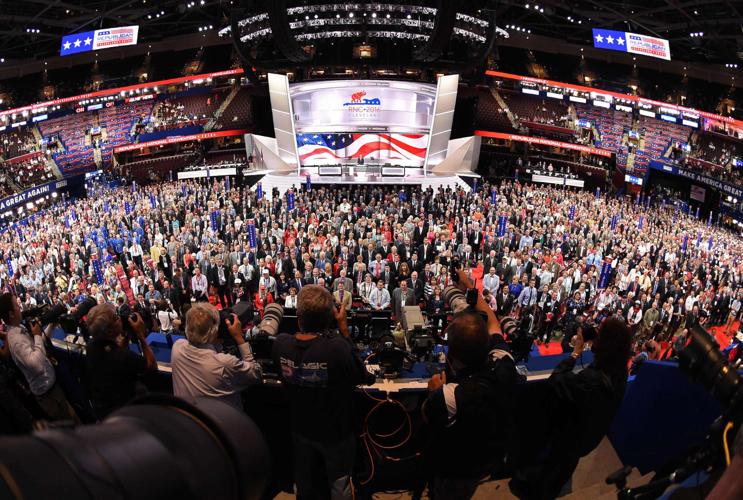 PHOTO: Delegates pose for an official convention photograph on the opening day of the Republican National Convention at the Quicken Loans arena in Cleveland, Ohio, July 18, 2016. 