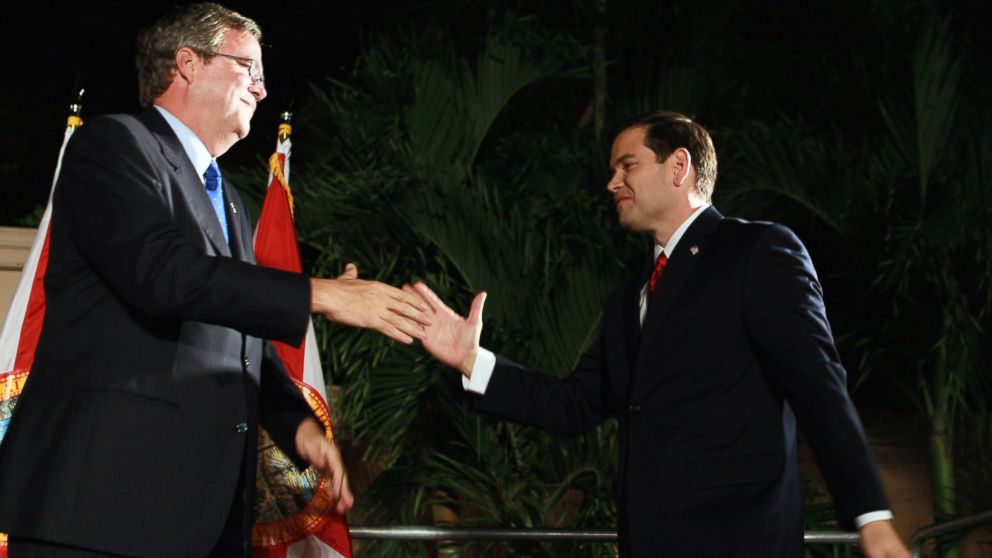 Marco Rubio, right, is greeted by Jeb Bush, left, during his "Reclaim America Victory Celebration" at the Biltmore Hotel on Nov. 2, 2010 in Coral Gables, Fla.