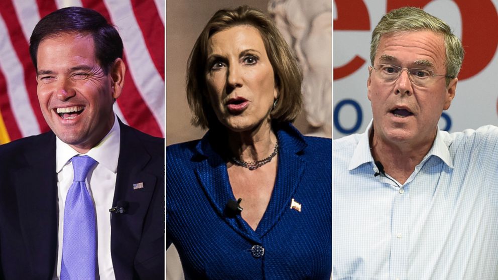 Marco Rubio, left, is pictured on Oct. 6, 2015 in New York City. Carly Fiorina, center, is pictured on Oct. 2, 2015 in Aiken, S.C. Jeb Bush, right, is pictured on Sept. 17, 2015 in Las Vegas.