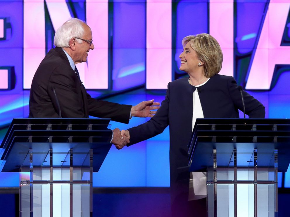 PHOTO: Democratic presidential candidates Sen. Bernie Sanders and Hillary Clinton shake hands at the end of a presidential debate at Wynn Las Vegas, Oct. 13, 2015 in Las Vegas.