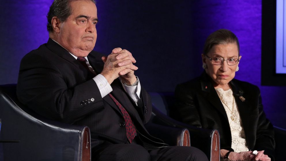 Supreme Court Justices Antonin Scalia and Ruth Bader Ginsburg wait for the beginning of the taping of "The Kalb Report," April 17, 2014, at the National Press Club in Washington.   