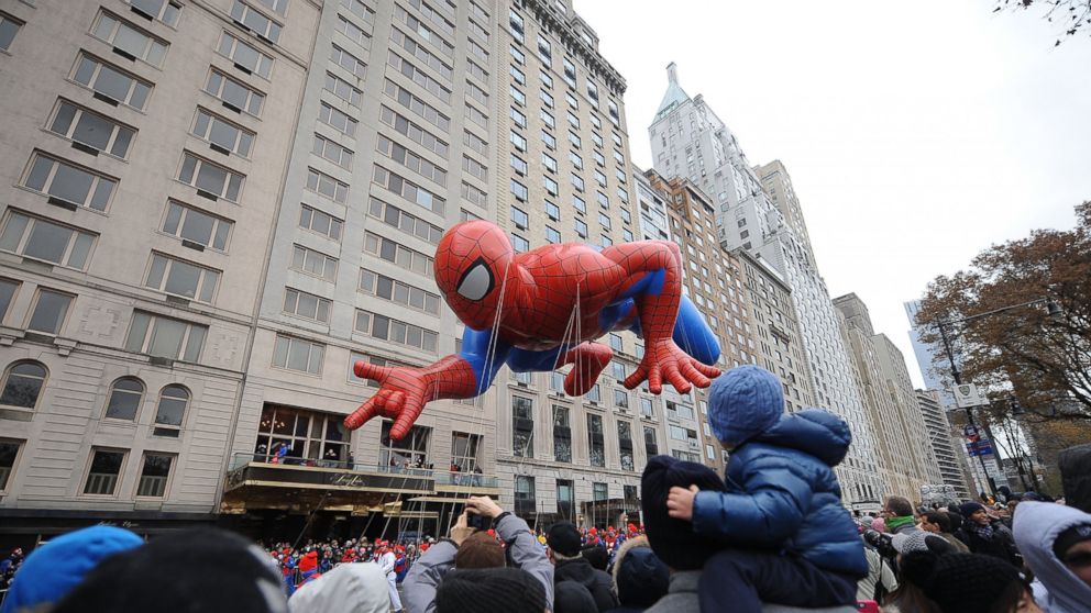 A Spiderman balloon floats at the 88th Annual Macy's Thanksgiving Day Parade on Nov. 27, 2014 in New York City.  