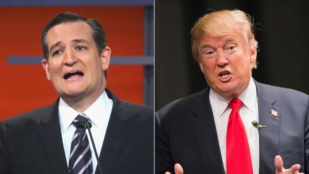 (L-R) Republican presidential candidate Sen. Ted Cruz during the first Republican presidential debate in Cleveland, Ohio, Aug. 6, 2015. | Republican presidential candidate Donald Trump in Newton, Iowa, Nov. 19, 2015.