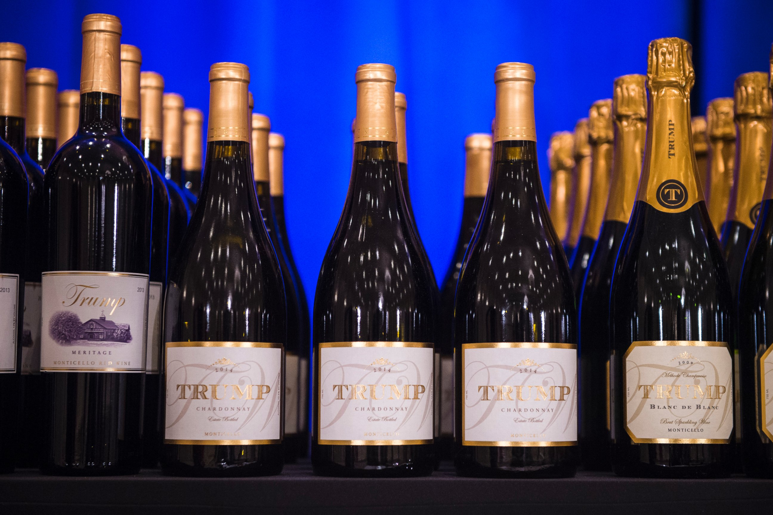 PHOTO:A display of Trump branded wine is seen before Donald Trump is speaks at a campaign press conference event at the Trump National Golf Club in Jupiter, Fla., March 08, 2016.  