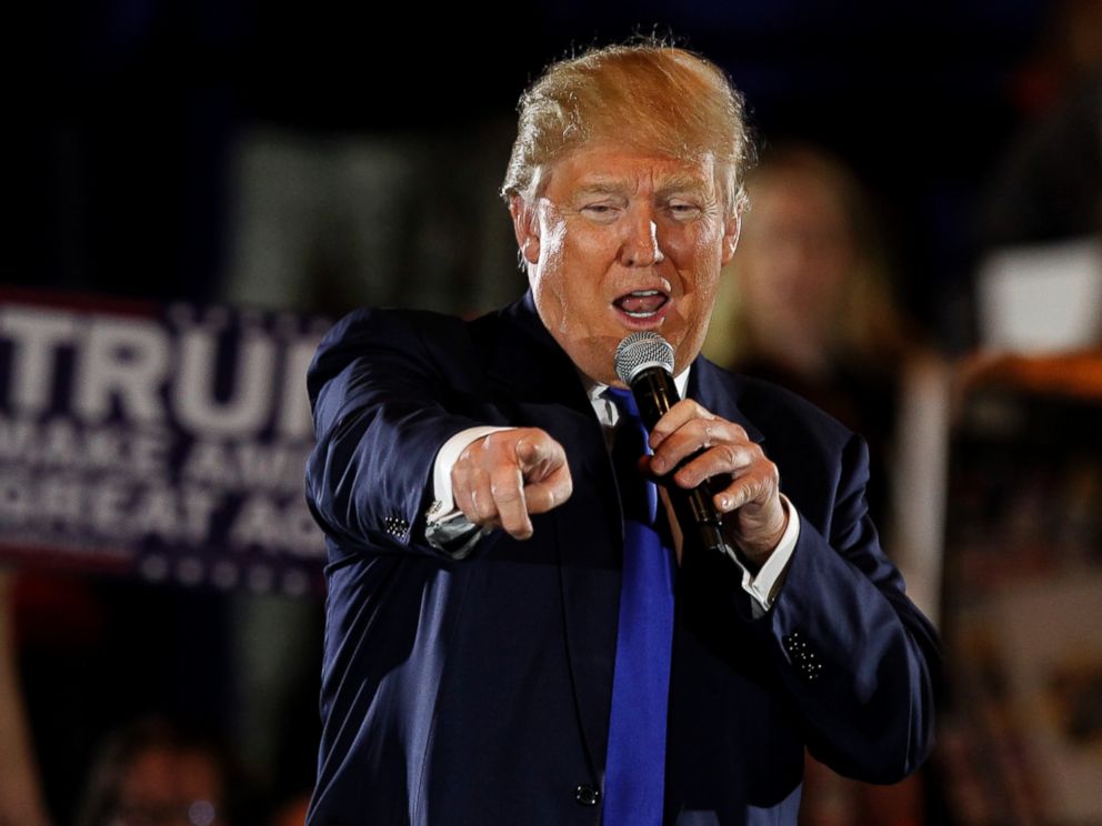 PHOTO: Republican presidential candidate Donald Trump addresses his campaign supporters during a rally at the Savannah Center, March 13, 2016, in Cincinnati, Ohio.