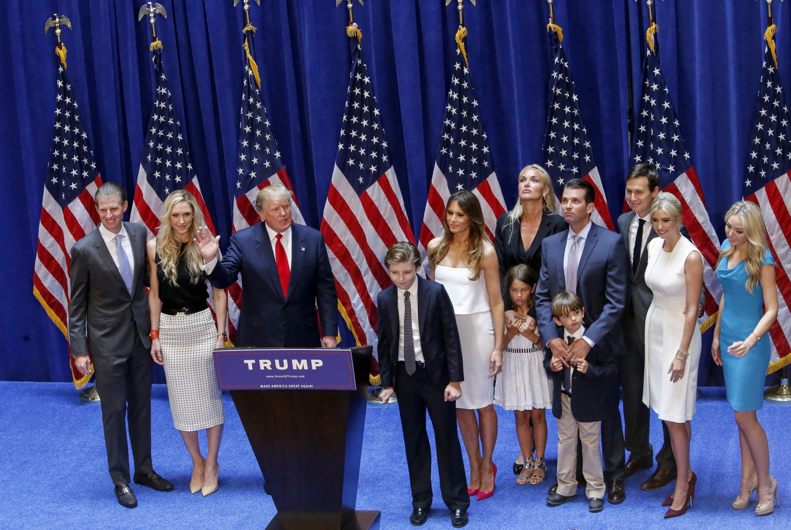 PHOTO: Real estate investor Donald Trump stands with his family after his announcement that he will run for the 2016 presidential elections at the Trump Tower in New York, June 16, 2015. 