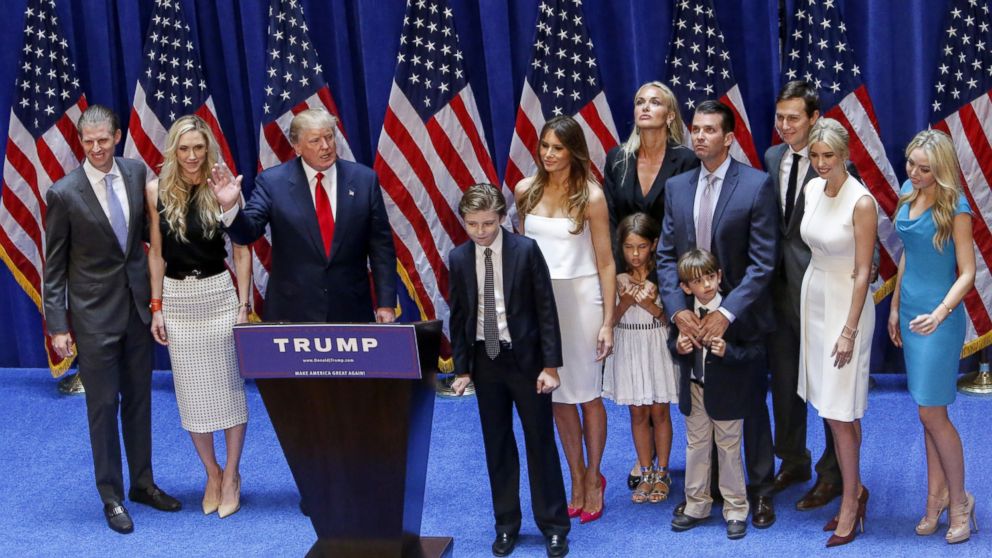 Real estate investor Donald Trump stands with his family after his announcement that he will run for the 2016 presidential elections at the Trump Tower in New York, June 16, 2015.