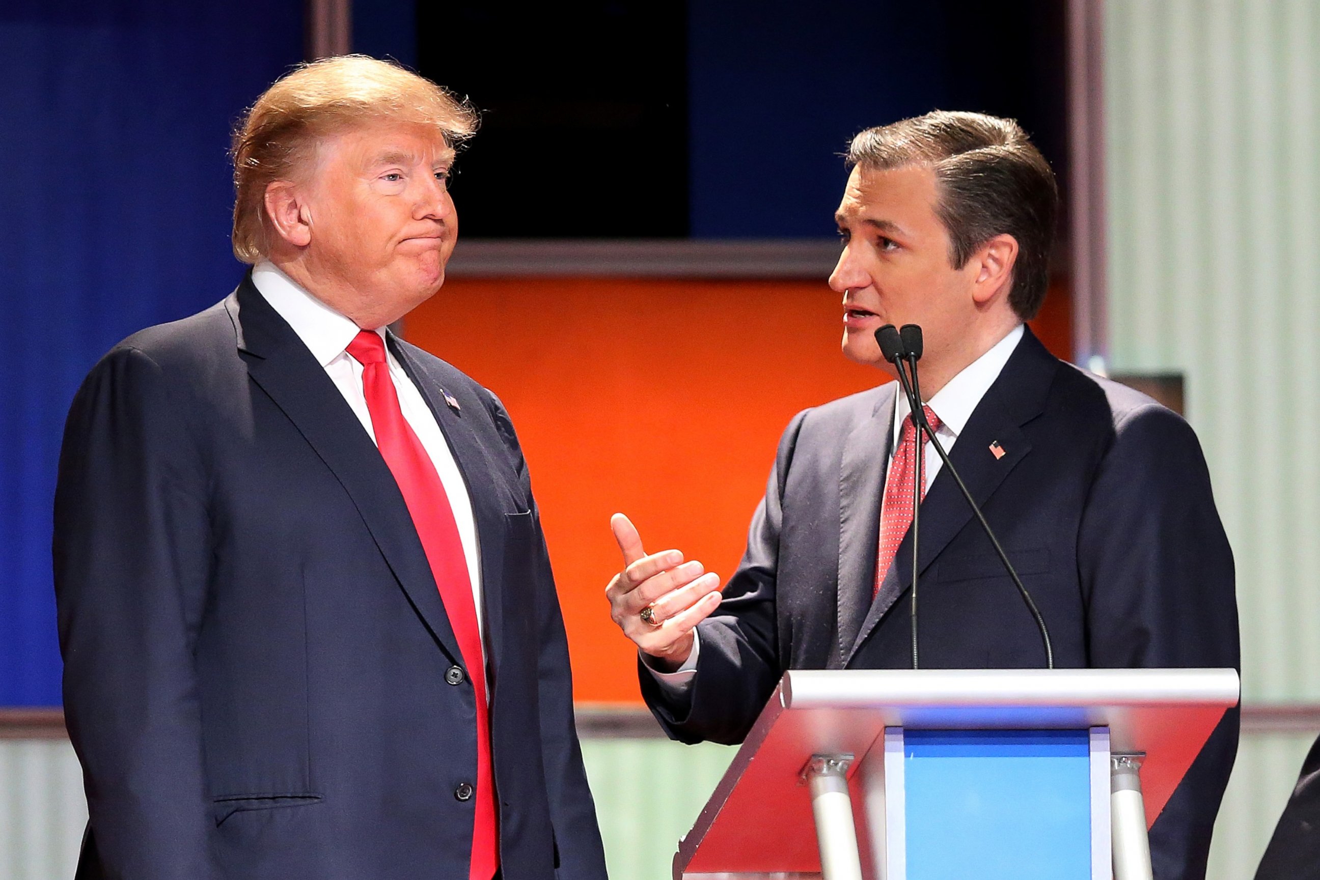 PHOTO: Donald Trump and Sen. Ted Cruz speak during the Fox Business Network Republican presidential debate at the North Charleston Coliseum and Performing Arts Center, Jan. 14, 2016, in North Charleston, South Carolina.
