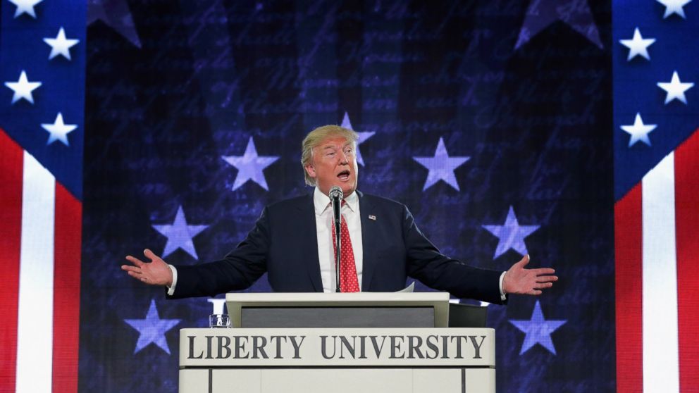 Donald Trump delivers the convocation at the Vines Center on the campus of Liberty University Jan. 18, 2016 in Lynchburg, Virginia.