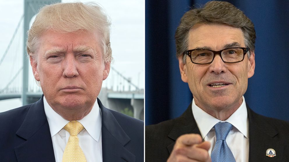 Donald Trump, left, attends the 2015 Hank's Yanks Golf Classic at Trump Golf Links Ferry Point, July 6, 2015, in New York City. Rick Perry gives a foreign policy address at the Citadel military college, April 6, 2015, in Charleston, South Carolina.
