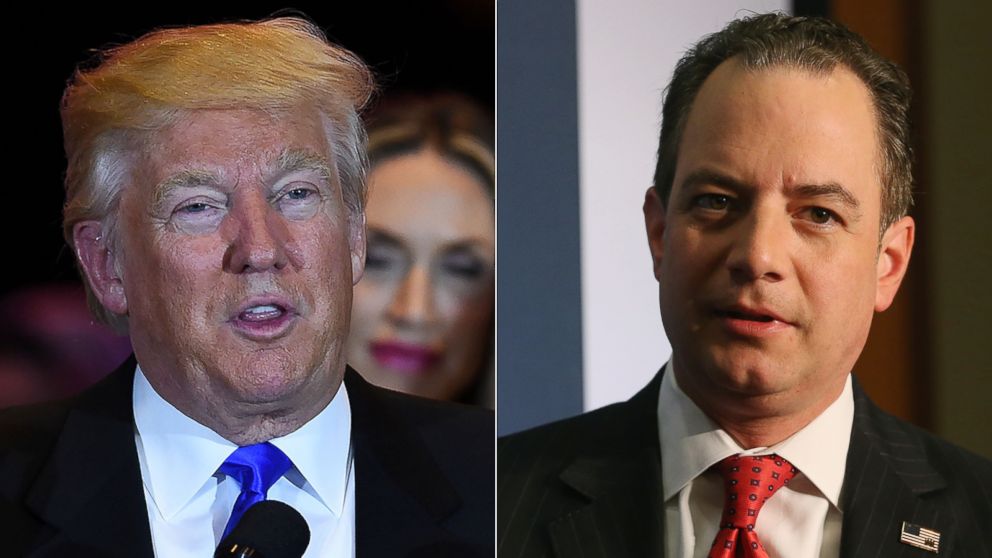 Donald Trump speaks in New York, May 3, 2016, following the primary in Indiana. | Reince Priebus participates in a Politico Playbook breakfast forum, May 6, 2016, in Washington.