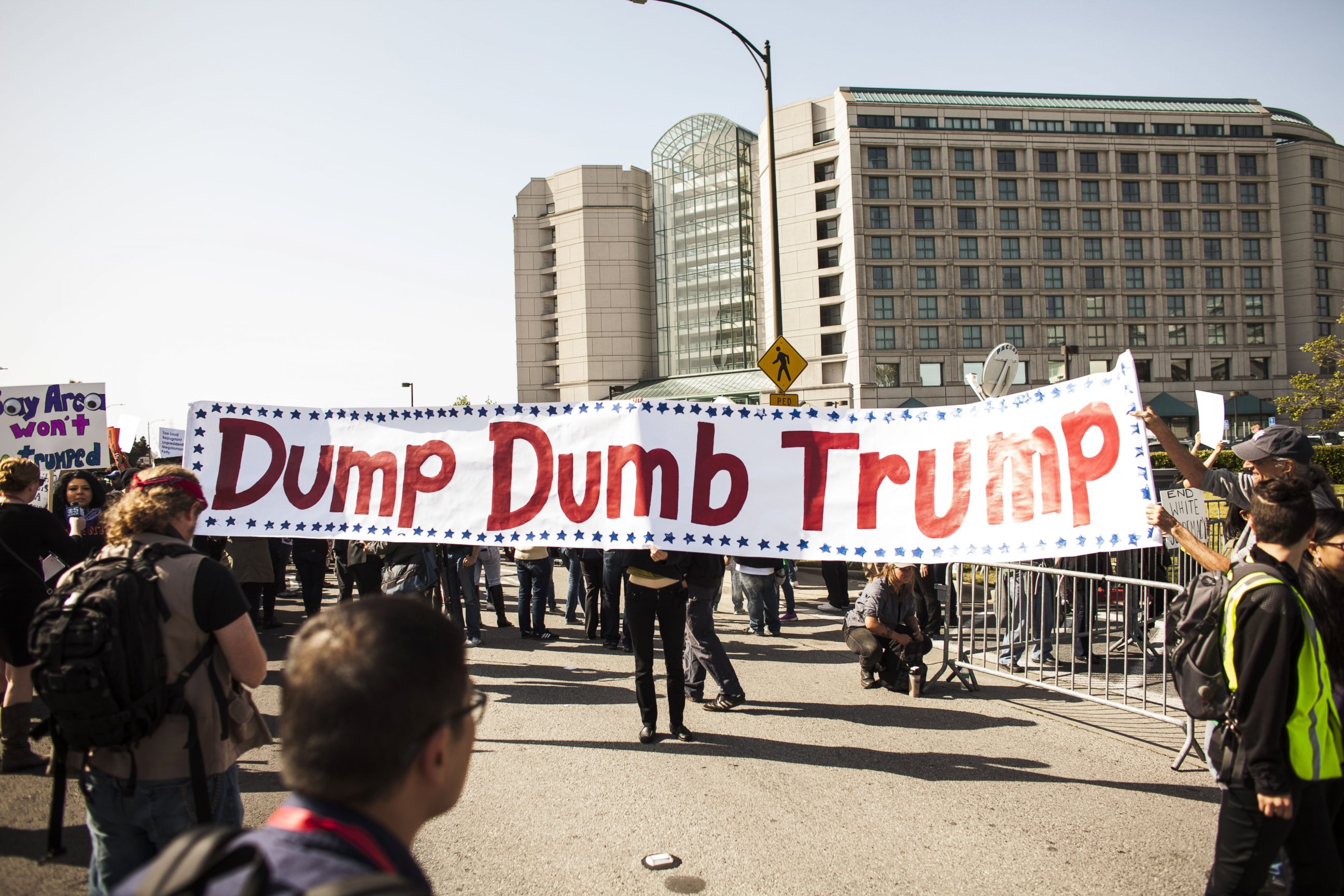 PHOTO: Protestors block traffic outside of the California Republican Party Convention where Donald Trump is scheduled to speak, April 29, 2016, in Burlingame, Calif.