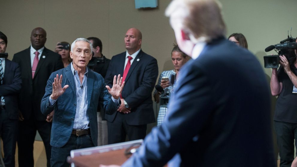PHOTO: Donald Trump fields a question from Univision and Fusion anchor Jorge Ramos during a press conference held before his campaign event at the Grand River Center, Aug. 25, 2015, in Dubuque, Iowa.