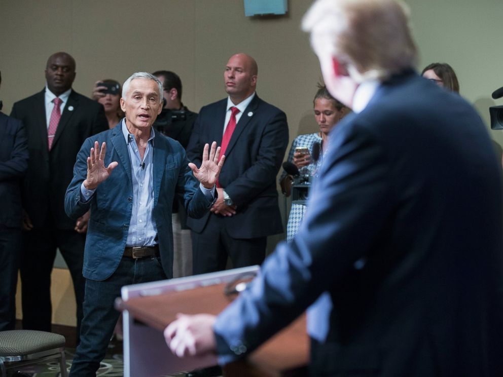 PHOTO: Donald Trump fields a question from Univision and Fusion anchor Jorge Ramos during a press conference held before his campaign event at the Grand River Center, Aug. 25, 2015, in Dubuque, Iowa.