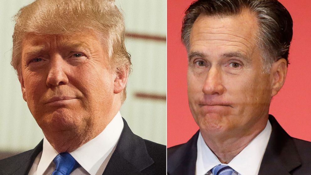 Donald Trump arrives on stage for the Republican Presidential Debate in Detroit, March 3, 2016. Mitt Romney weighs in on the Republican presidential race during a speech at the The University of Utah, March 3, 2016, Salt Lake City. 