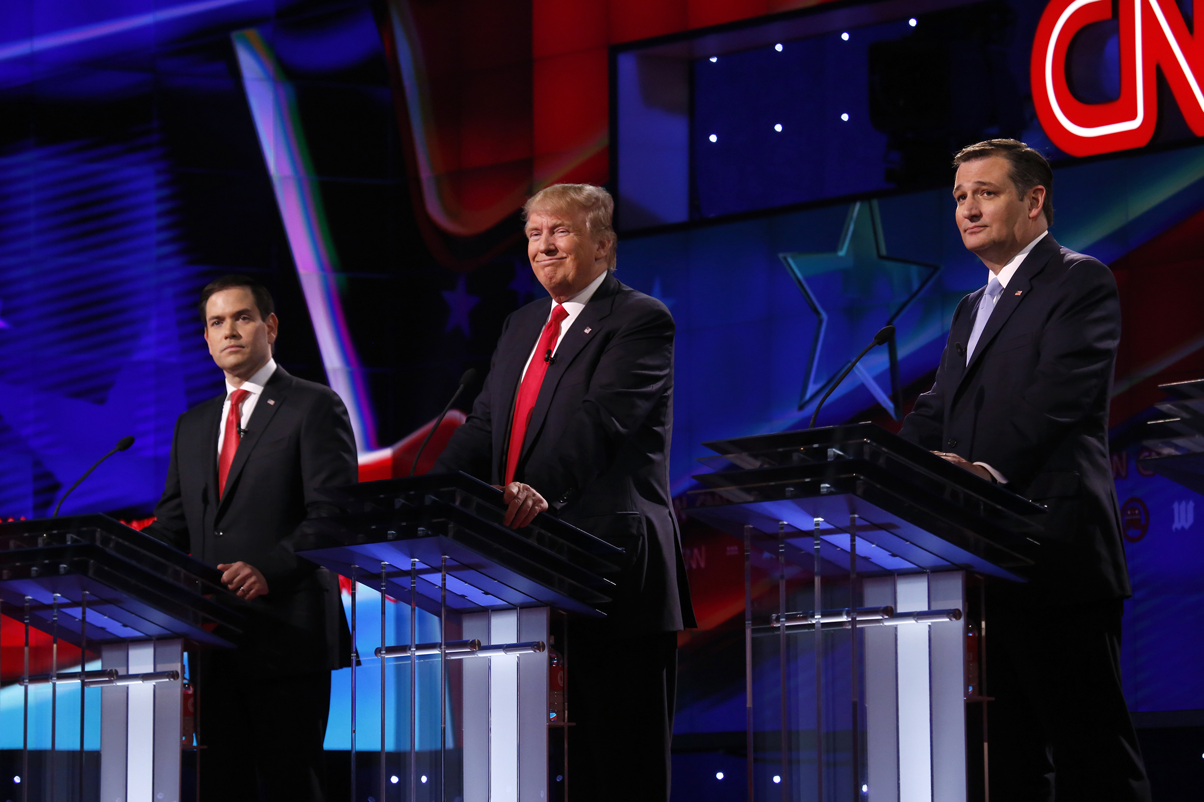 PHOTO: Marco Rubio, Donald Trump and Ted Cruz, take part in a debate, March 10, 2016.