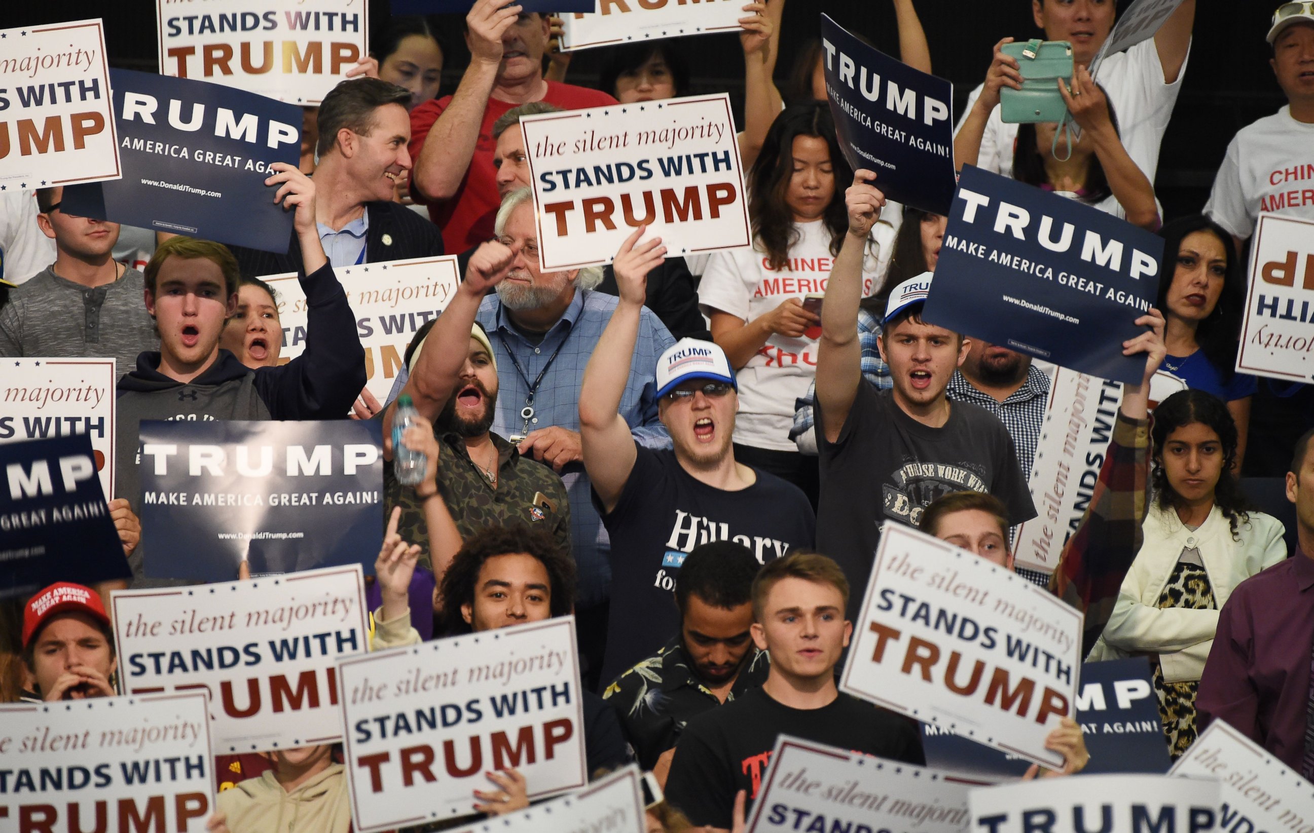 PHOTO:Supporters of the presumptive Republican presidential candidate Donald Trump attend a campaign rally, May 25, 2016, in Anaheim, Calif. 