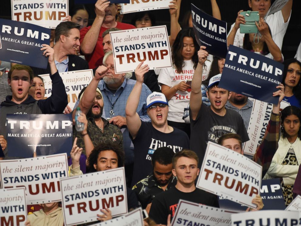 PHOTO:Supporters of the presumptive Republican presidential candidate Donald Trump attend a campaign rally, May 25, 2016, in Anaheim, Calif.