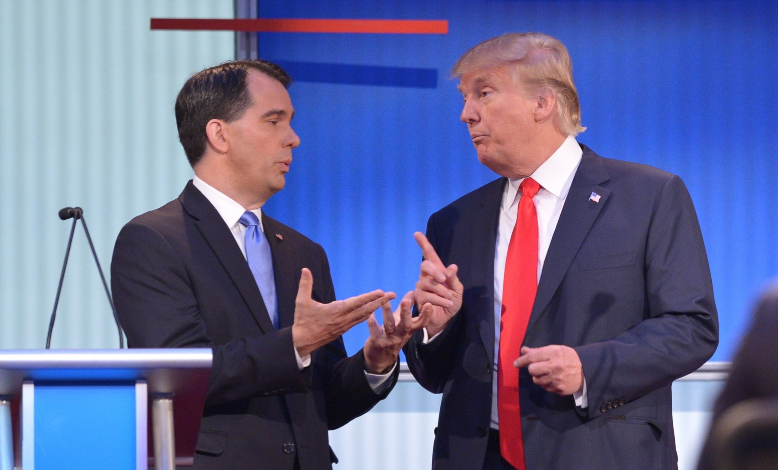 PHOTO:Donald Trump with Wisconsin Governor Scott Walker during a break in the Republican presidential primary debate, Aug. 6, 2015, at the Quicken Loans Arena in Cleveland. 