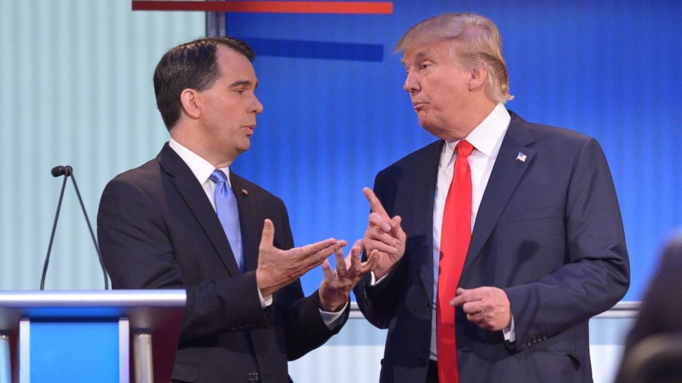 PHOTO:Donald Trump with Wisconsin Governor Scott Walker during a break in the Republican presidential primary debate, Aug. 6, 2015, at the Quicken Loans Arena in Cleveland. 