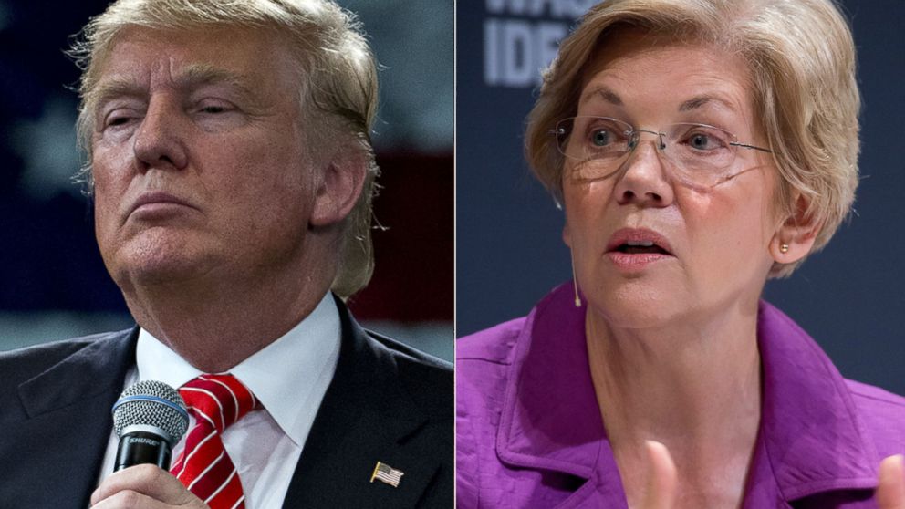 Donald Trump listens to a question during a town hall event in Tampa, Fla., March 14, 2016. Elizabeth Warren speaks during an interview at the Washington Ideas Forum in Washington, Oct. 1, 2015. 