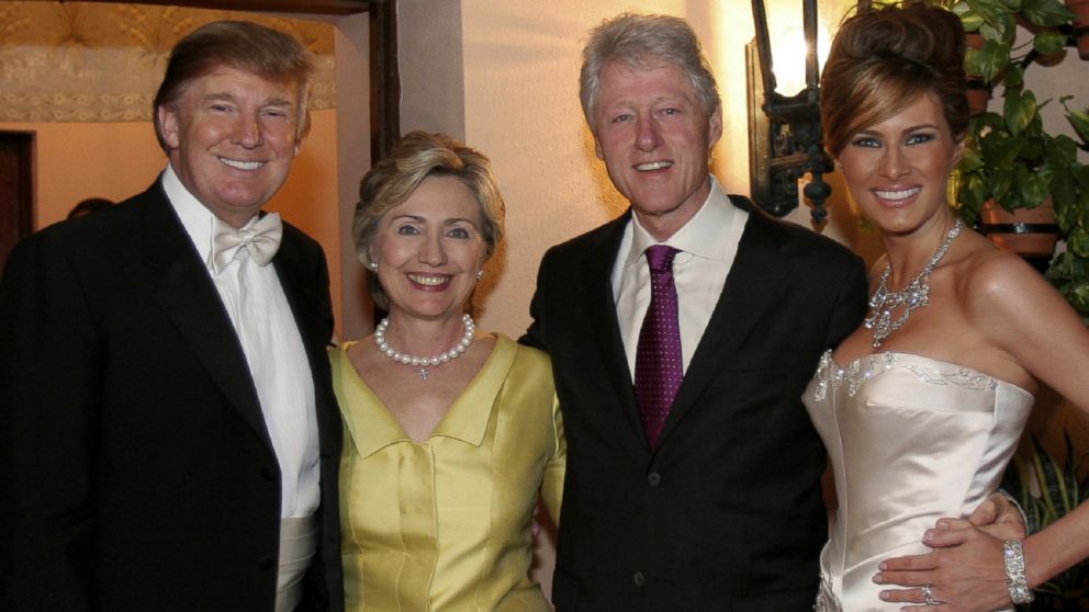 Donald Trump and Melania Trump with Hillary Rodham Clinton and Bill Clinton at their reception held at The Mar-a-Lago Club, Jan. 22, 2005, in Palm Beach, Fla.