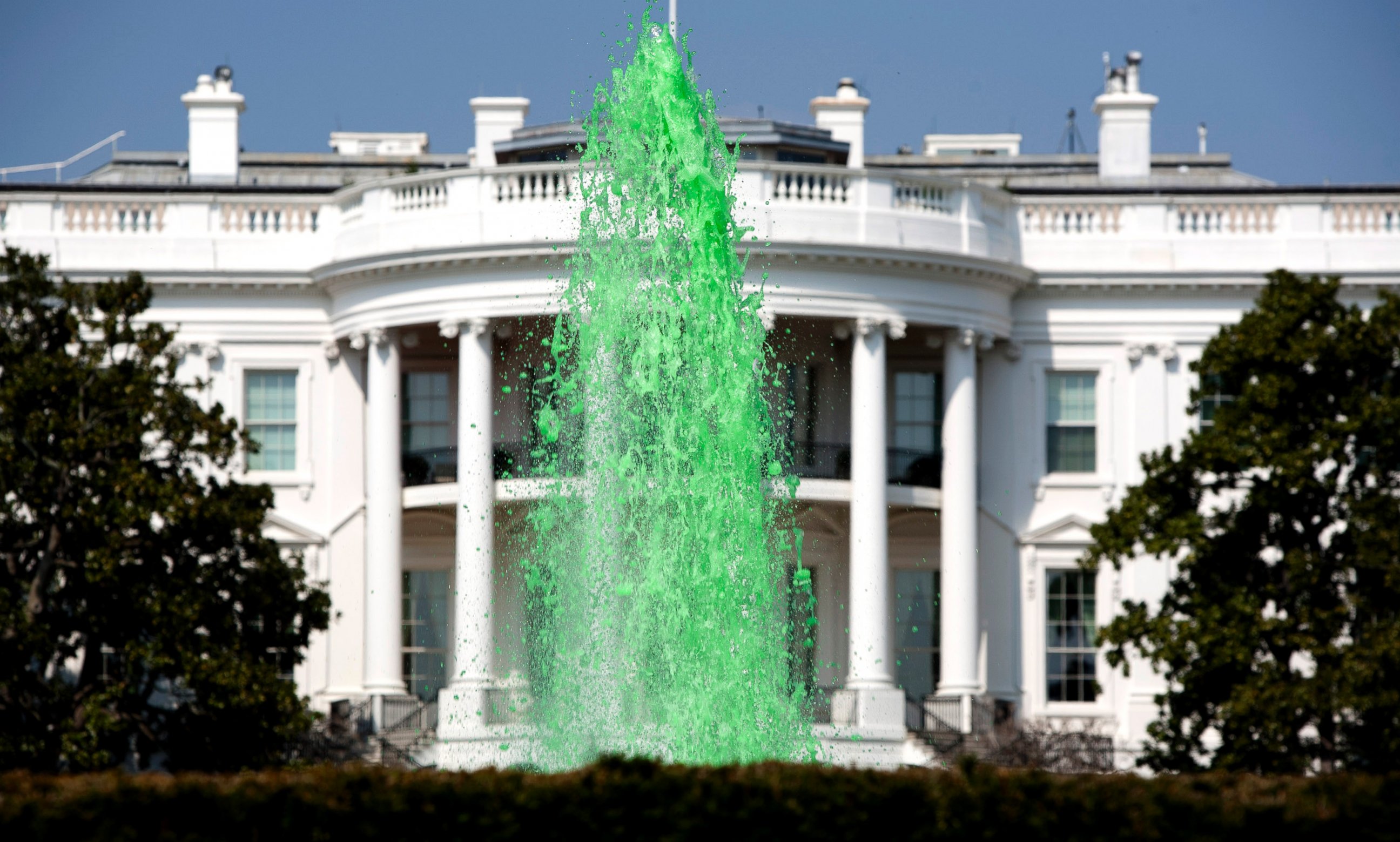 PHOTO: Green water flows in the fountain on the South Lawn of the White House in celebration of St. Patrick's Day, March 17, 2012, in Washington.
