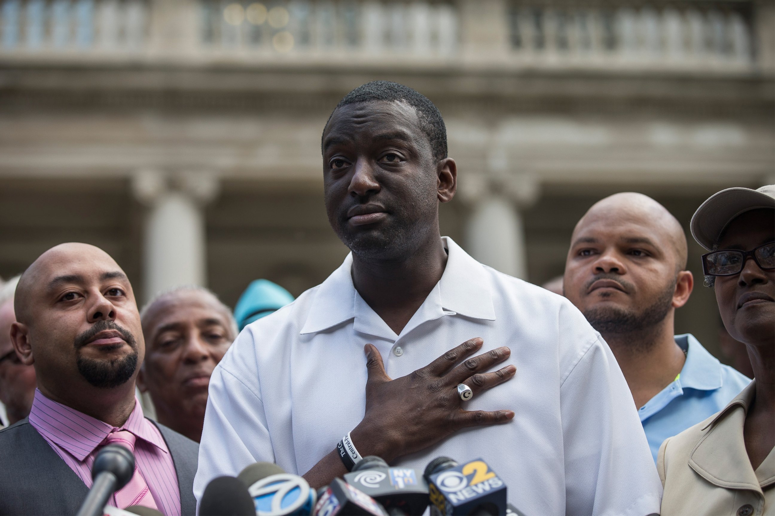 PHOTO: (L-R) Raymond Santana, Yusef Salaam and Kevin Richardson, three of the five men wrongfully convicted of raping a woman in Central Park in 1989, speak at a press conference on the steps of city halls on June 27, 2014 in New York City.