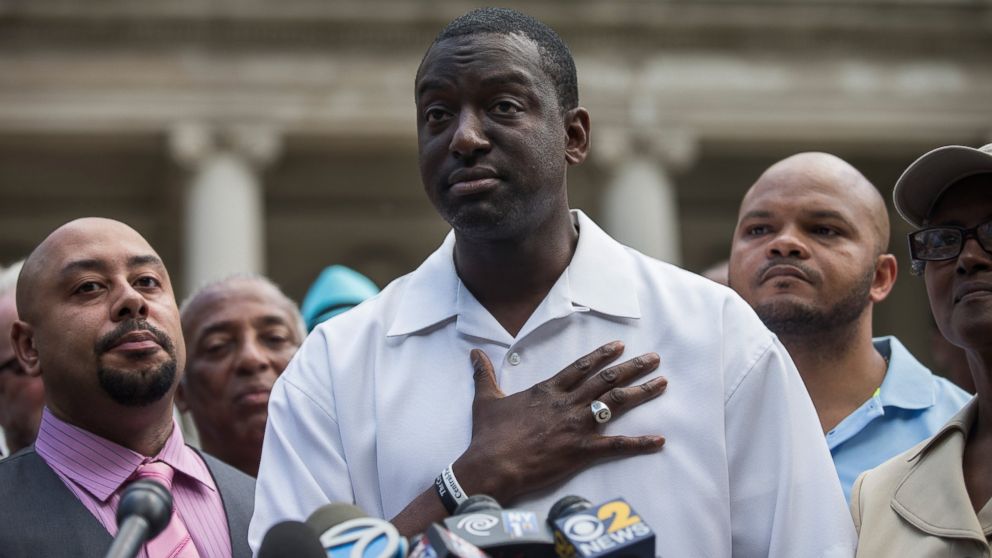 PHOTO: (L-R) Raymond Santana, Yusef Salaam and Kevin Richardson, three of the five men wrongfully convicted of raping a woman in Central Park in 1989, speak at a press conference on the steps of city halls on June 27, 2014 in New York City.